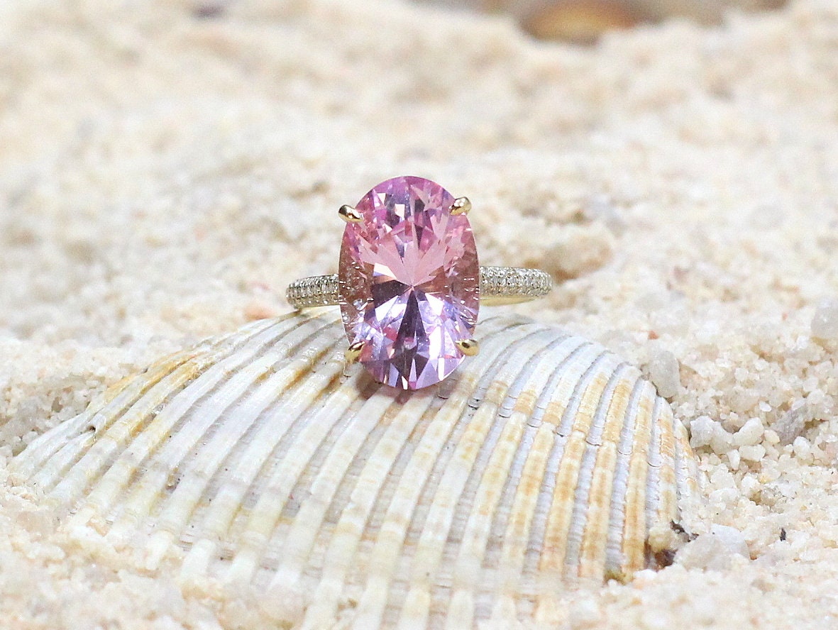 Light Ice Pink Sapphire & Diamonds Oval Engagement Ring Typhon 9ct 15x10mm Custom Size White-Yellow-Rose Gold-10k-14k-18k-Platinum BellaMoreDesign.com