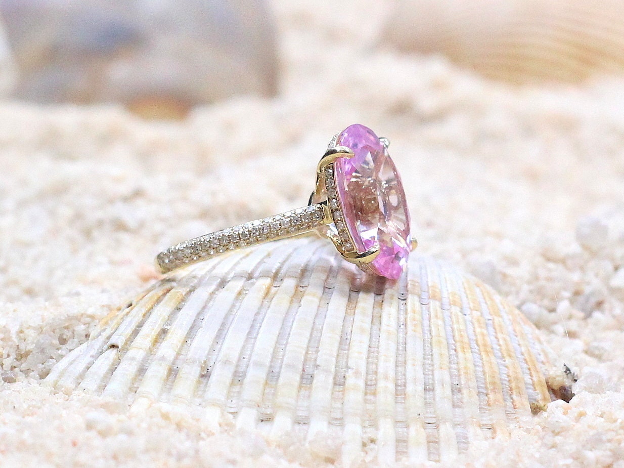 Light Ice Pink Sapphire & Diamonds Oval Engagement Ring Typhon 9ct 15x10mm Custom Size White-Yellow-Rose Gold-10k-14k-18k-Platinum BellaMoreDesign.com