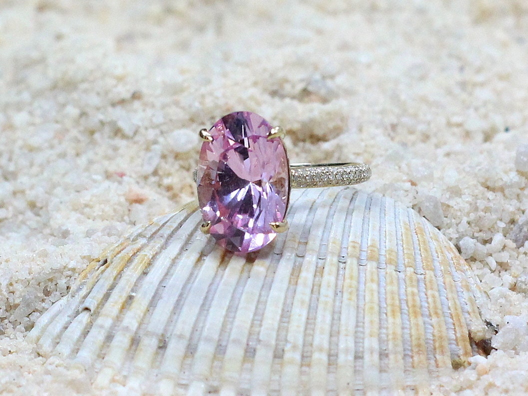 Light Ice Pink Sapphire & Diamonds Oval Engagement Ring Typhon 9ct 15x10mm Custom Size White-Yellow-Rose Gold-10k-14k-18k-Platinum BellaMoreDesign.com