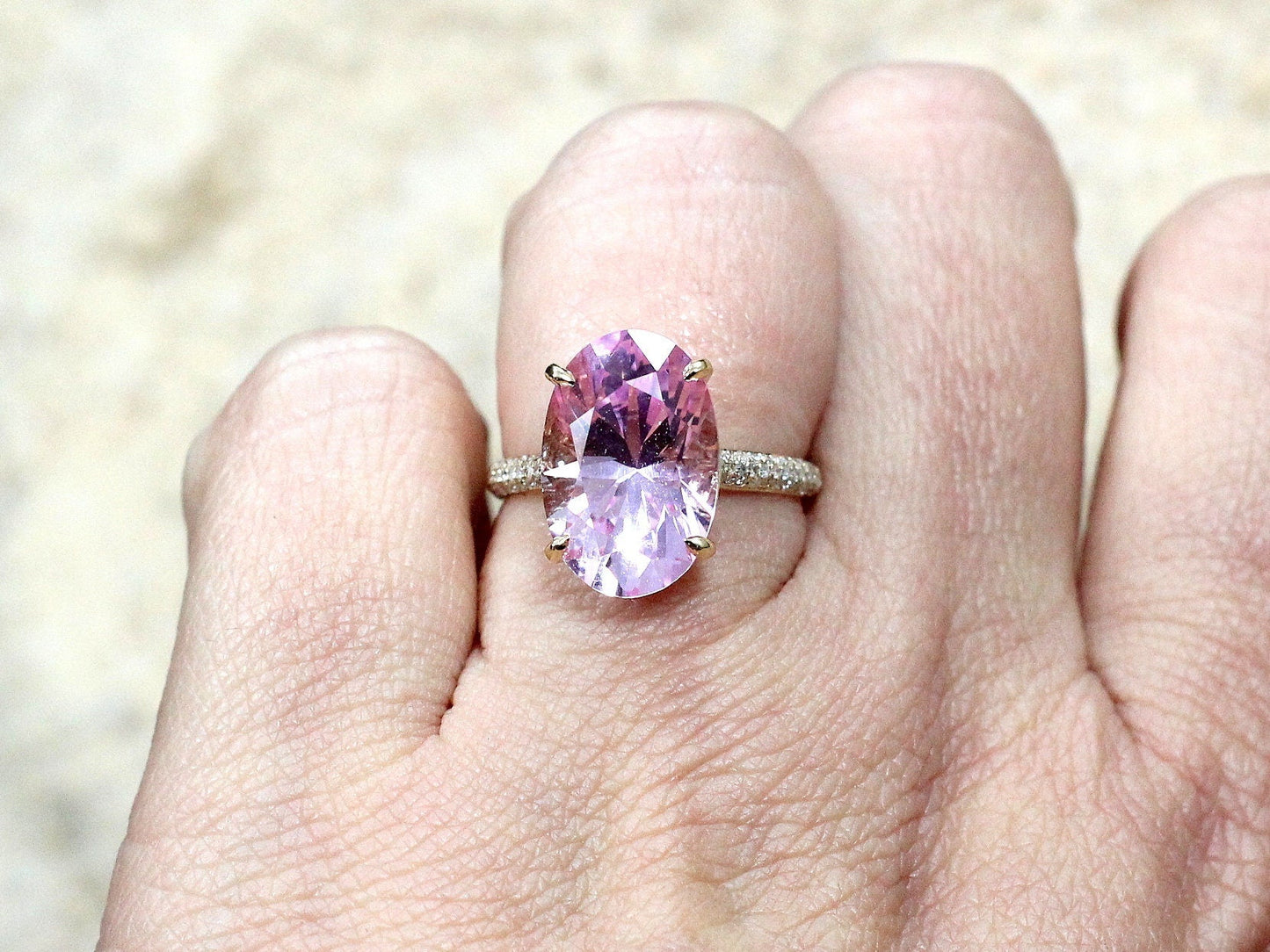 Light Ice Pink Sapphire & Diamonds Oval Engagement Ring Typhon 9ct 15x10mm Custom Size White-Yellow-Rose Gold-10k-14k-18k-Platinum BellaMoreDesign.com