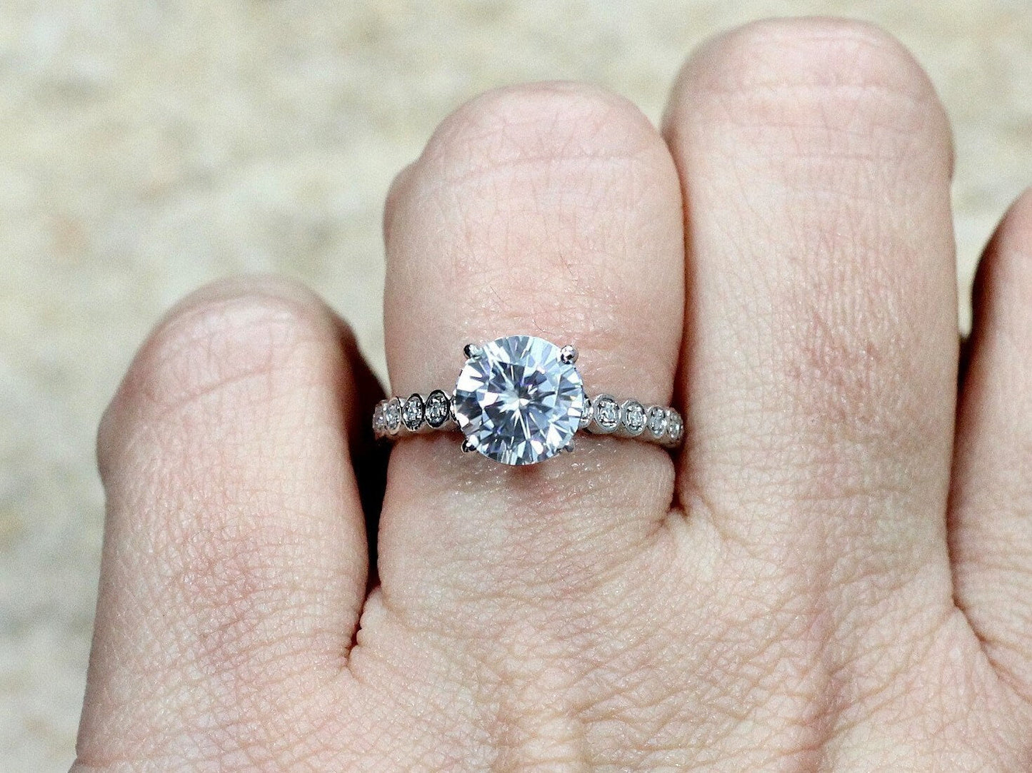Moissanite Diamond Engagement Ring Ferarelle Eternity Bubble Circle Bezel Milgrain 2ct 8mm White-Yellow-Rose Gold-10k-14k-18k-Platinum BellaMoreDesign.com