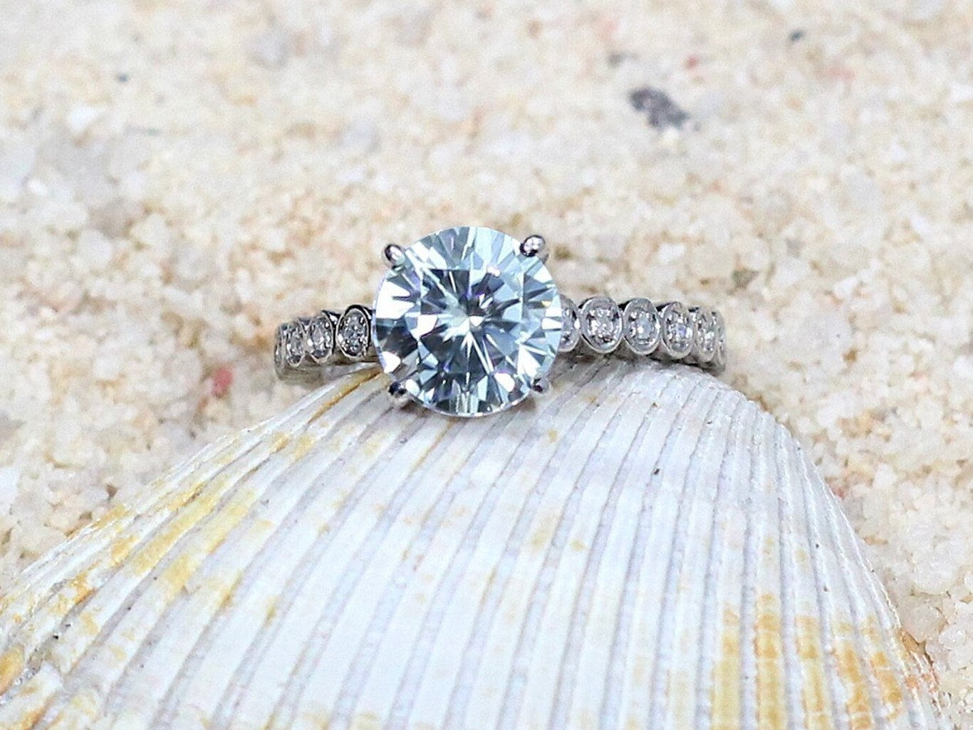 Moissanite Diamond Engagement Ring Ferarelle Eternity Bubble Circle Bezel Milgrain 2ct 8mm White-Yellow-Rose Gold-10k-14k-18k-Platinum BellaMoreDesign.com