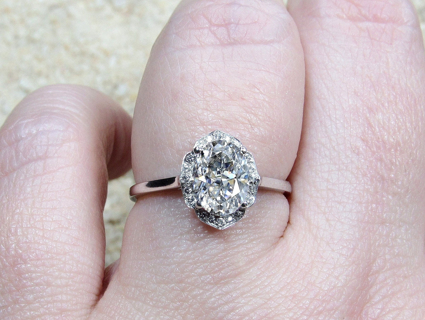 Moissanite Diamond Oval Halo Engagement Ring, Oval Floral Ring, Sospita, 2ct Ring, White-Yellow-Rose Gold-10k-14k-18k-Platinum, 8x6mm Oval BellaMoreDesign.com