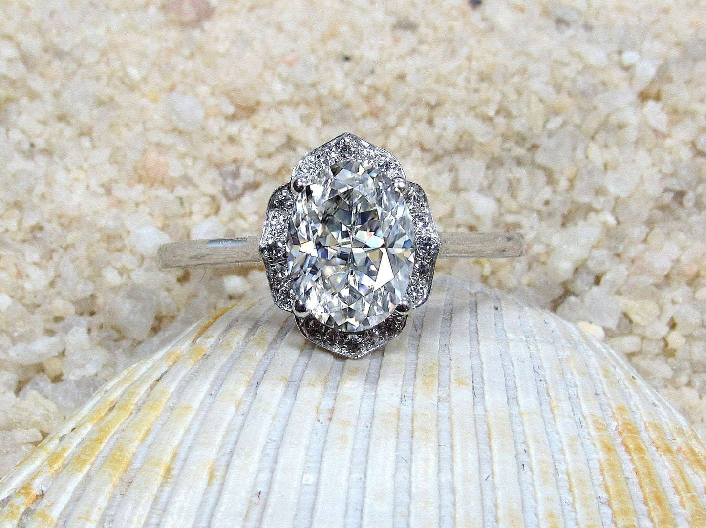 Moissanite Diamond Oval Halo Engagement Ring, Oval Floral Ring, Sospita, 2ct Ring, White-Yellow-Rose Gold-10k-14k-18k-Platinum, 8x6mm Oval BellaMoreDesign.com