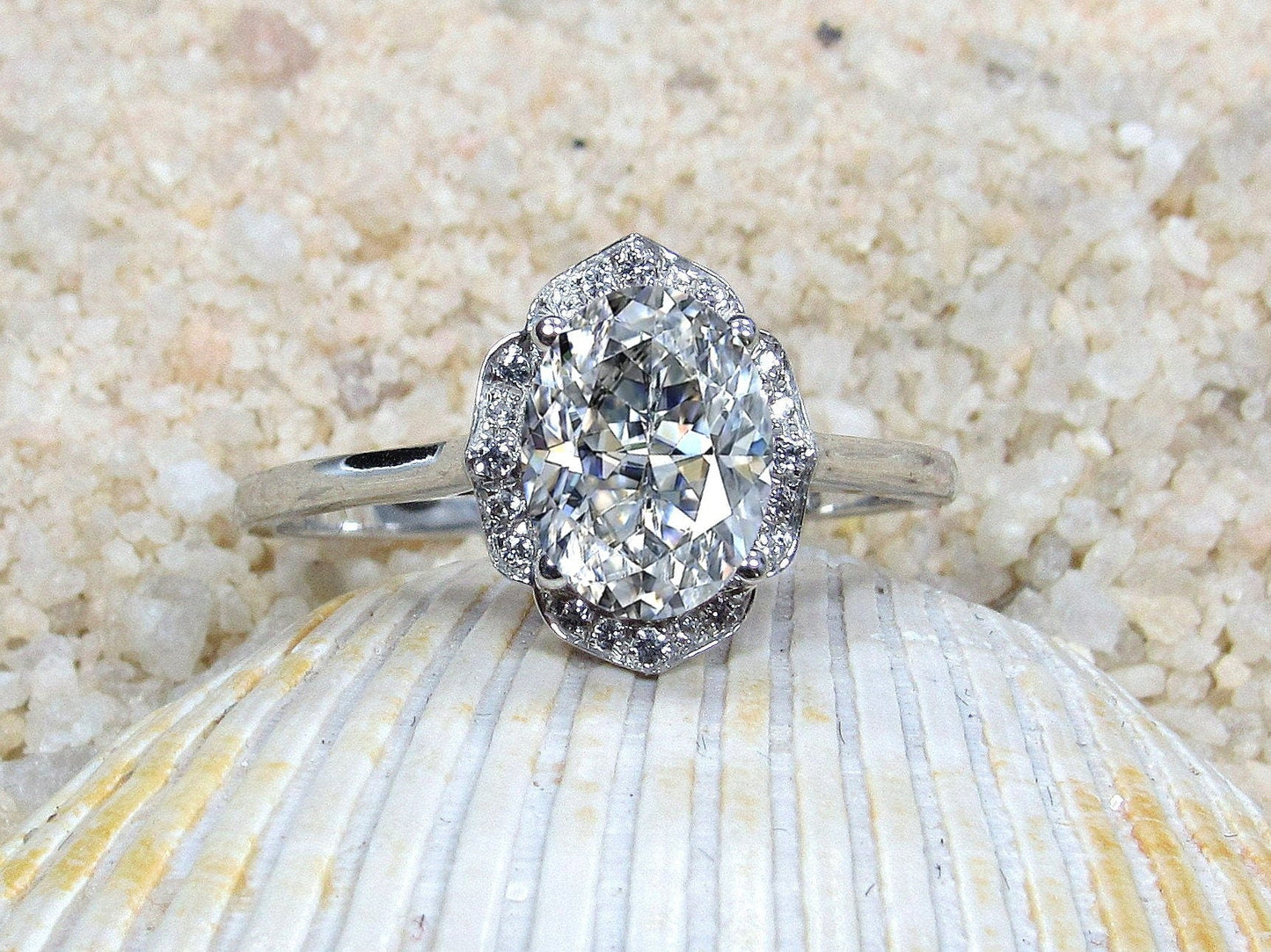 Moissanite Diamond Oval Halo Engagement Ring, Oval Floral Ring, Sospita, 2ct Ring, White-Yellow-Rose Gold-10k-14k-18k-Platinum, 8x6mm Oval BellaMoreDesign.com