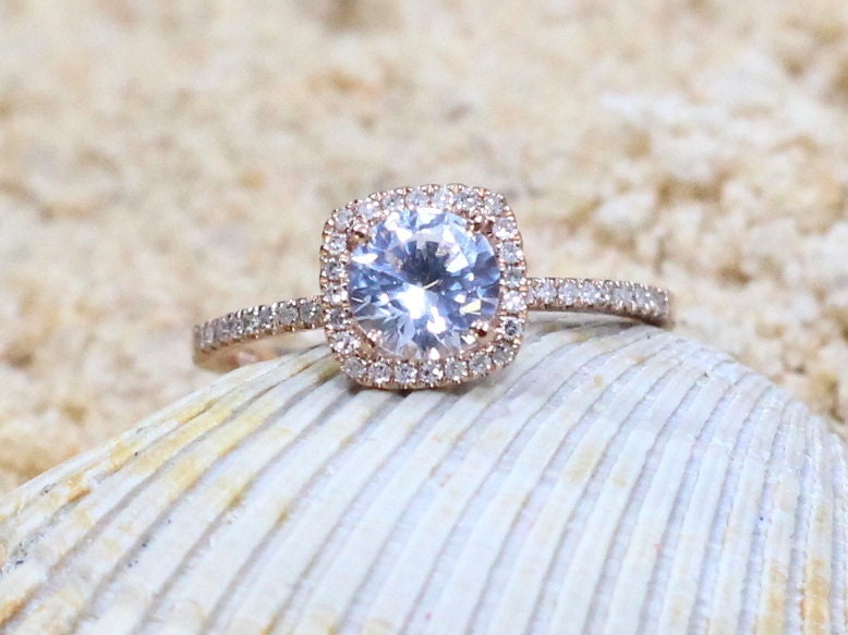 Moissanite & Diamonds Engagement Ring Cushion Halo Cuscino Petite .80ct 6mm Round Custom White-Yellow-Rose Gold-14k-18k-Platinum BellaMoreDesign.com
