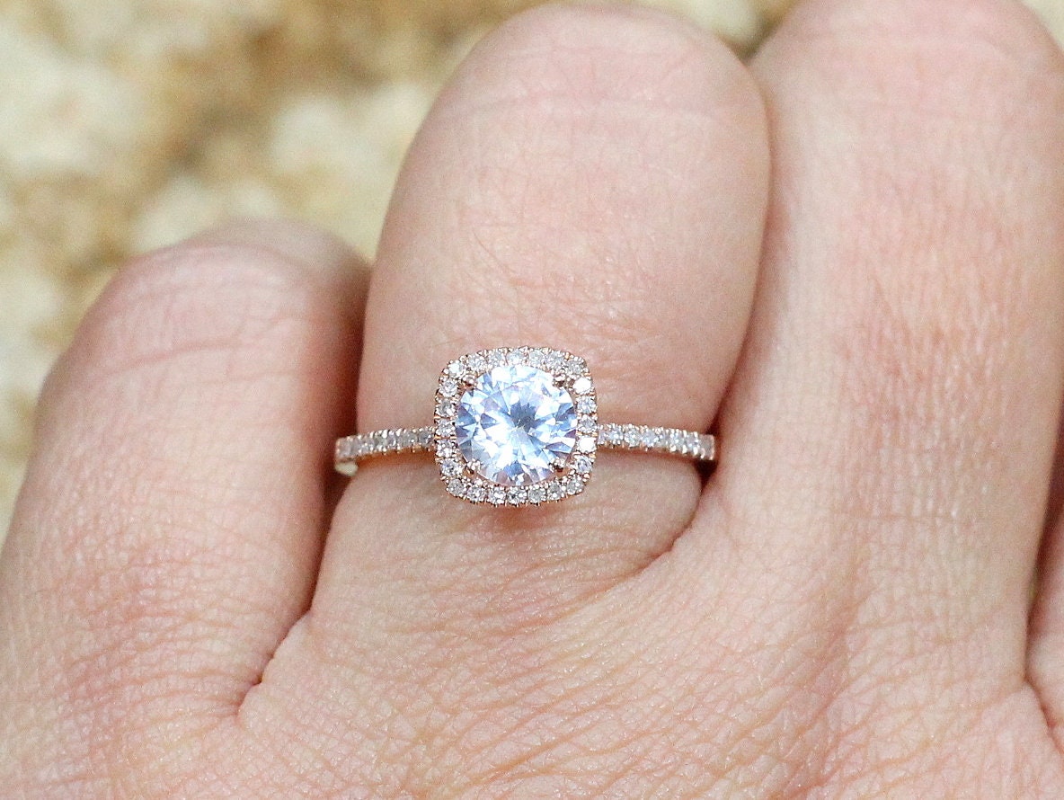 Moissanite & Diamonds Engagement Ring Cushion Halo Cuscino Petite .80ct 6mm Round Custom White-Yellow-Rose Gold-14k-18k-Platinum BellaMoreDesign.com