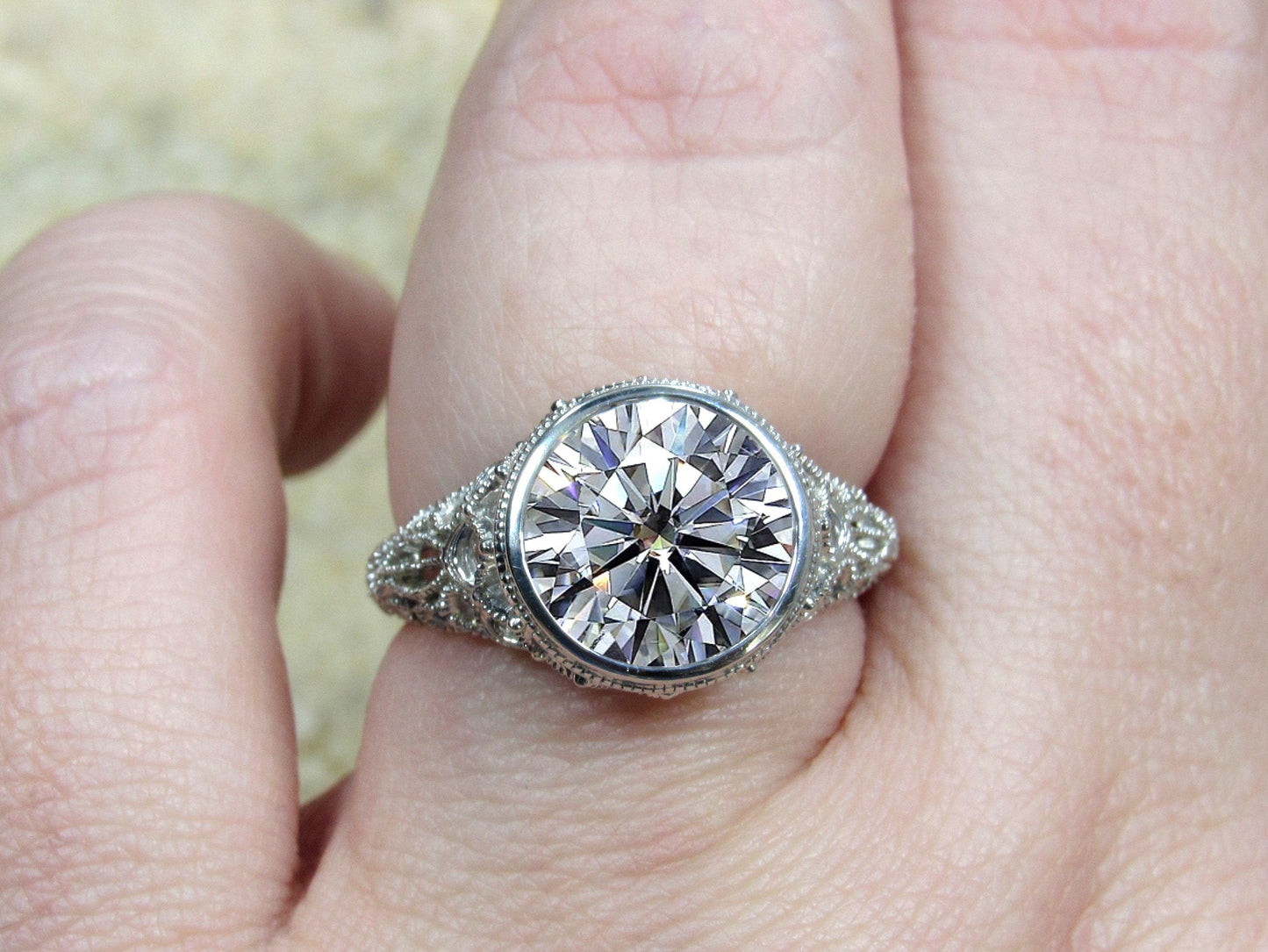 Moissanite Engagement Ring, Antique, Milgrain, Vintage, Filigree, 3.6ct, 10mm, Aegle, Promise Ring, Gift For Her BellaMoreDesign.com