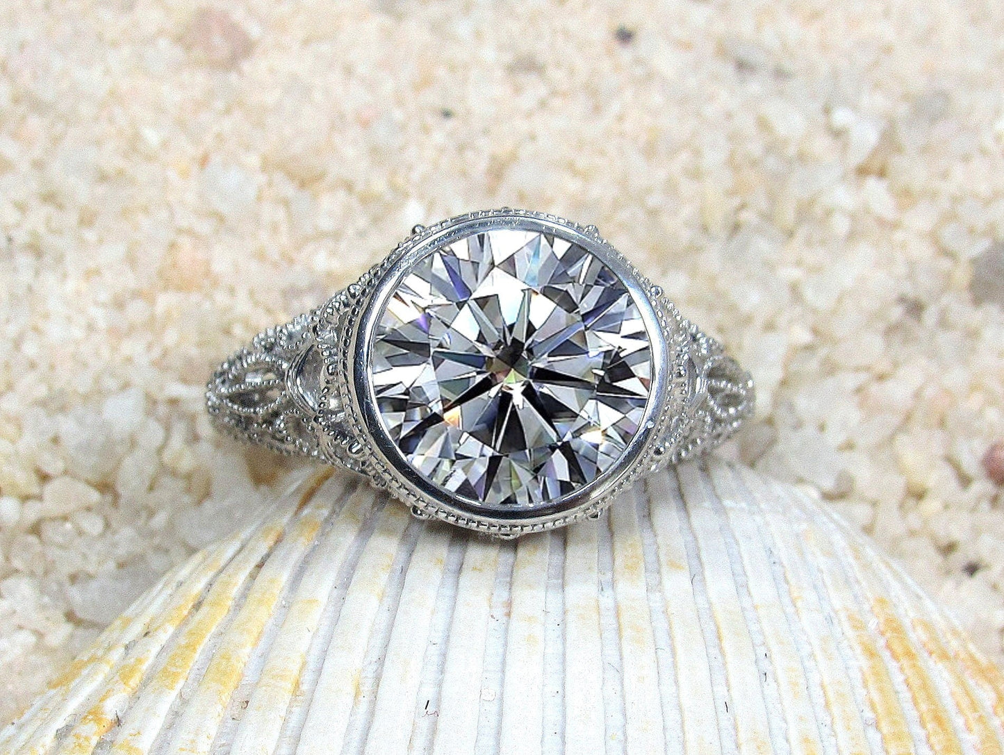 Moissanite Engagement Ring, Antique, Milgrain, Vintage, Filigree, 3.6ct, 10mm, Aegle, Promise Ring, Gift For Her BellaMoreDesign.com