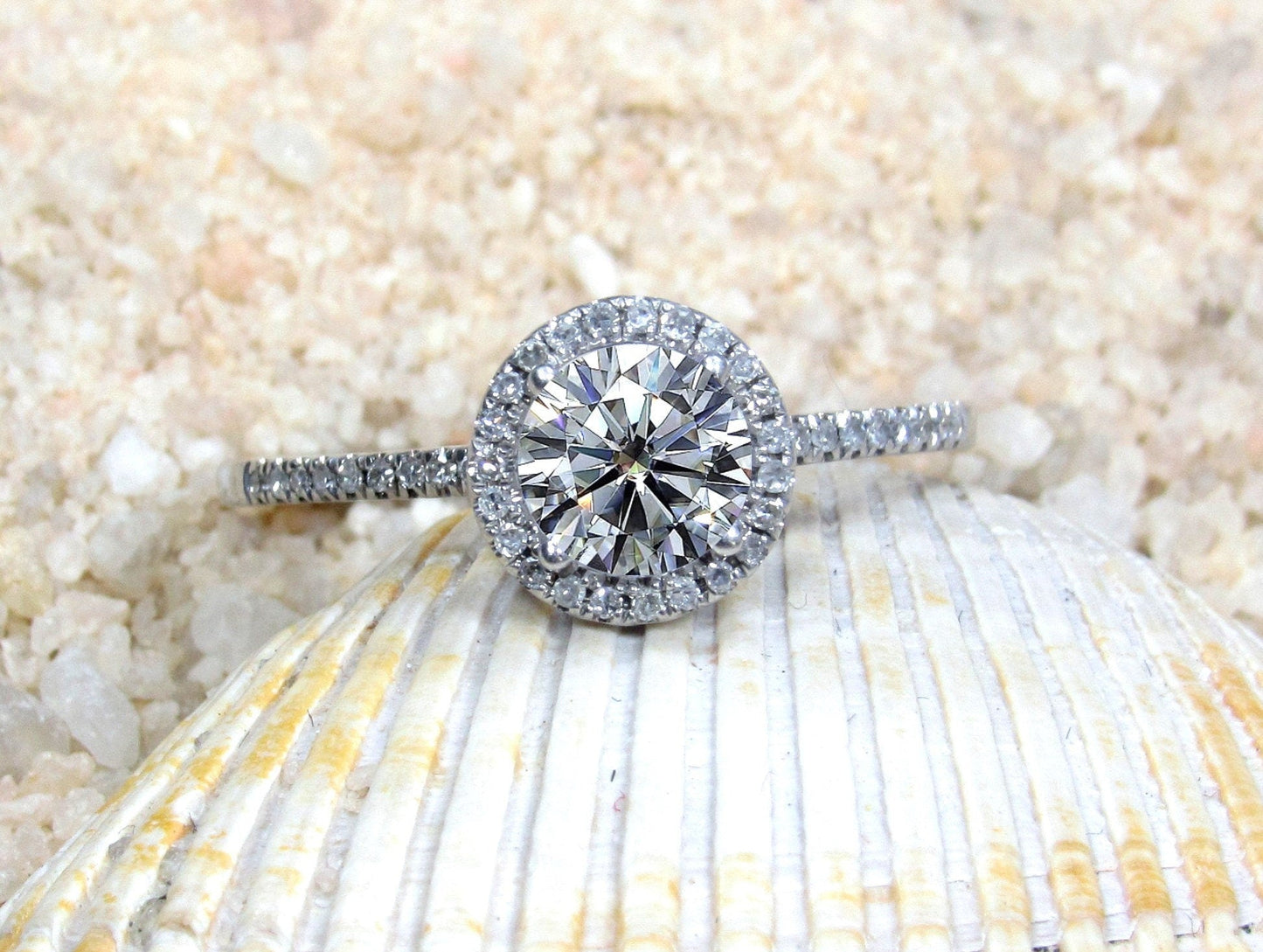 Moissanite Engagement Ring, Round Moissanite Diamonds Halo Ring, Pricus, 1ct Round Ring, White-Yellow-Rose Gold-10k-14k-18k-Platinum, 6mm BellaMoreDesign.com