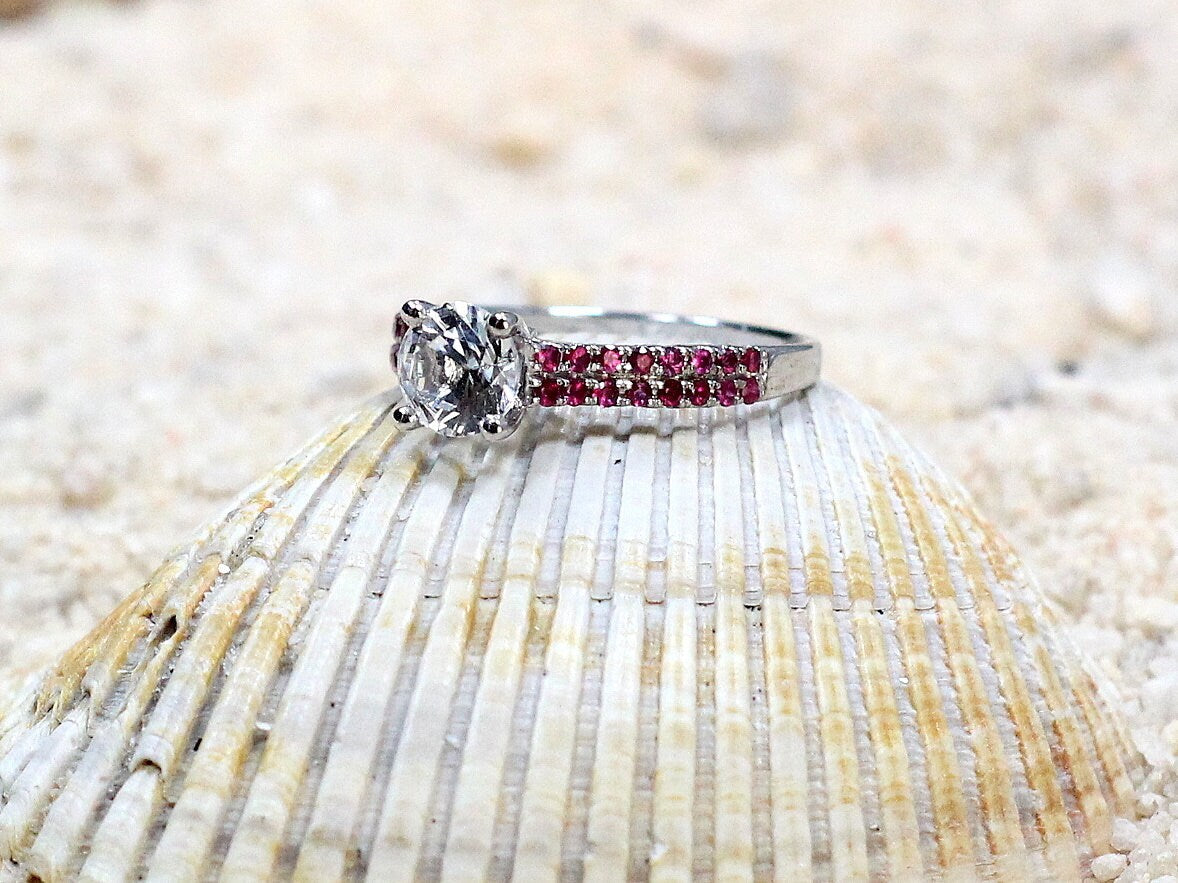 Moissanite Engagement Ring, Ruby double rows ring, round swirl gallery ring, diamond alternative ring, Artemis, 1ct, 6mm BellaMoreDesign.com