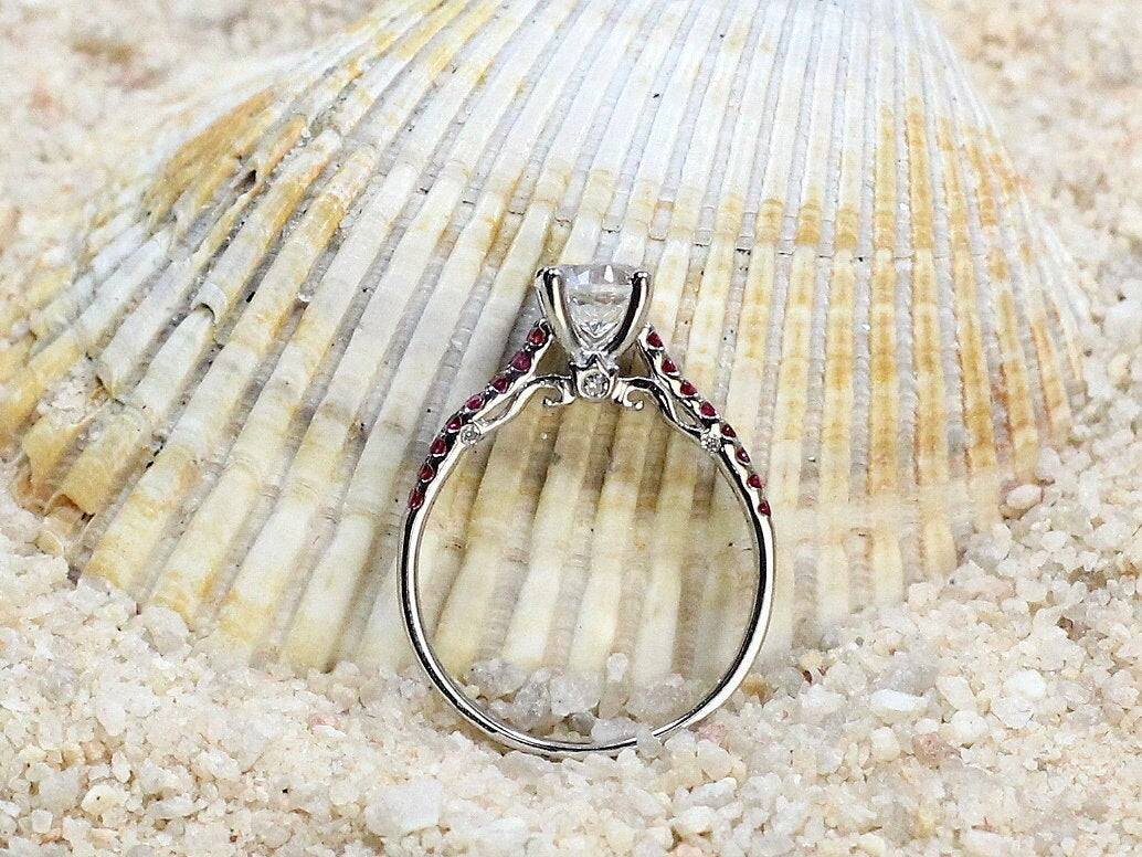 Moissanite Engagement Ring, Ruby double rows ring, round swirl gallery ring, diamond alternative ring, Artemis, 1ct, 6mm BellaMoreDesign.com