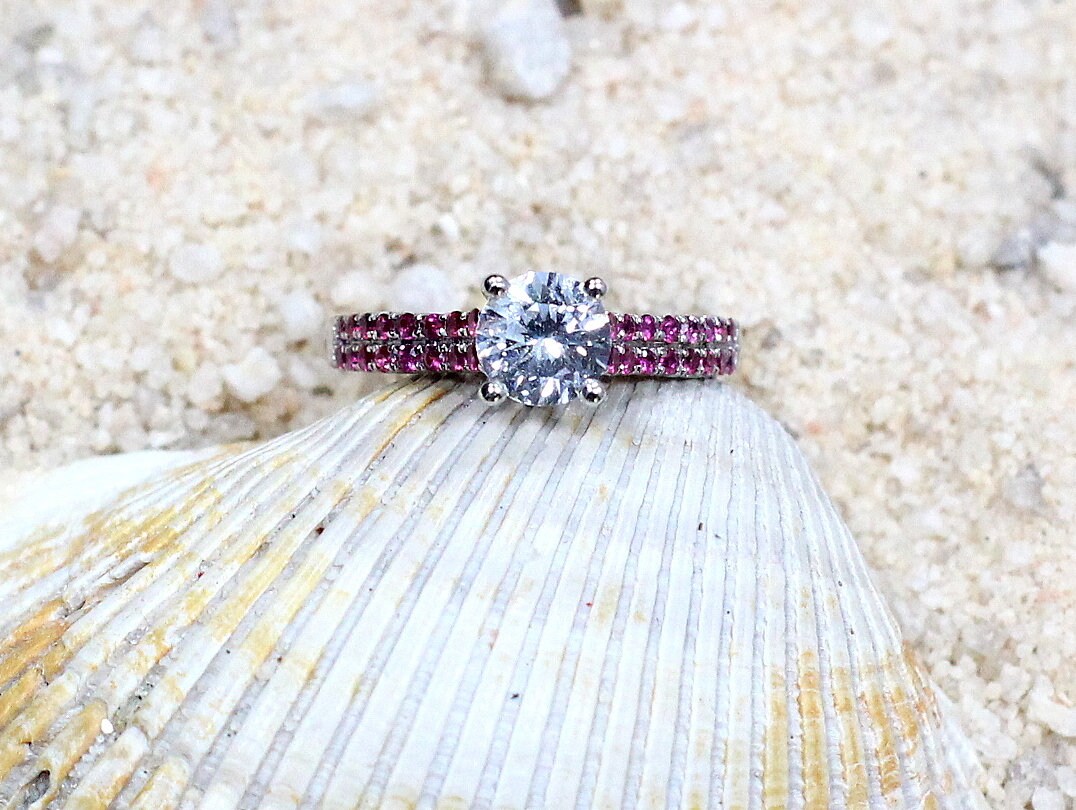 Moissanite Engagement Ring, Ruby double rows ring, round swirl gallery ring, diamond alternative ring, Artemis, 1ct, 6mm BellaMoreDesign.com