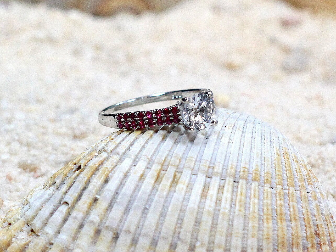 Moissanite Engagement Ring, Ruby double rows ring, round swirl gallery ring, diamond alternative ring, Artemis, 1ct, 6mm BellaMoreDesign.com