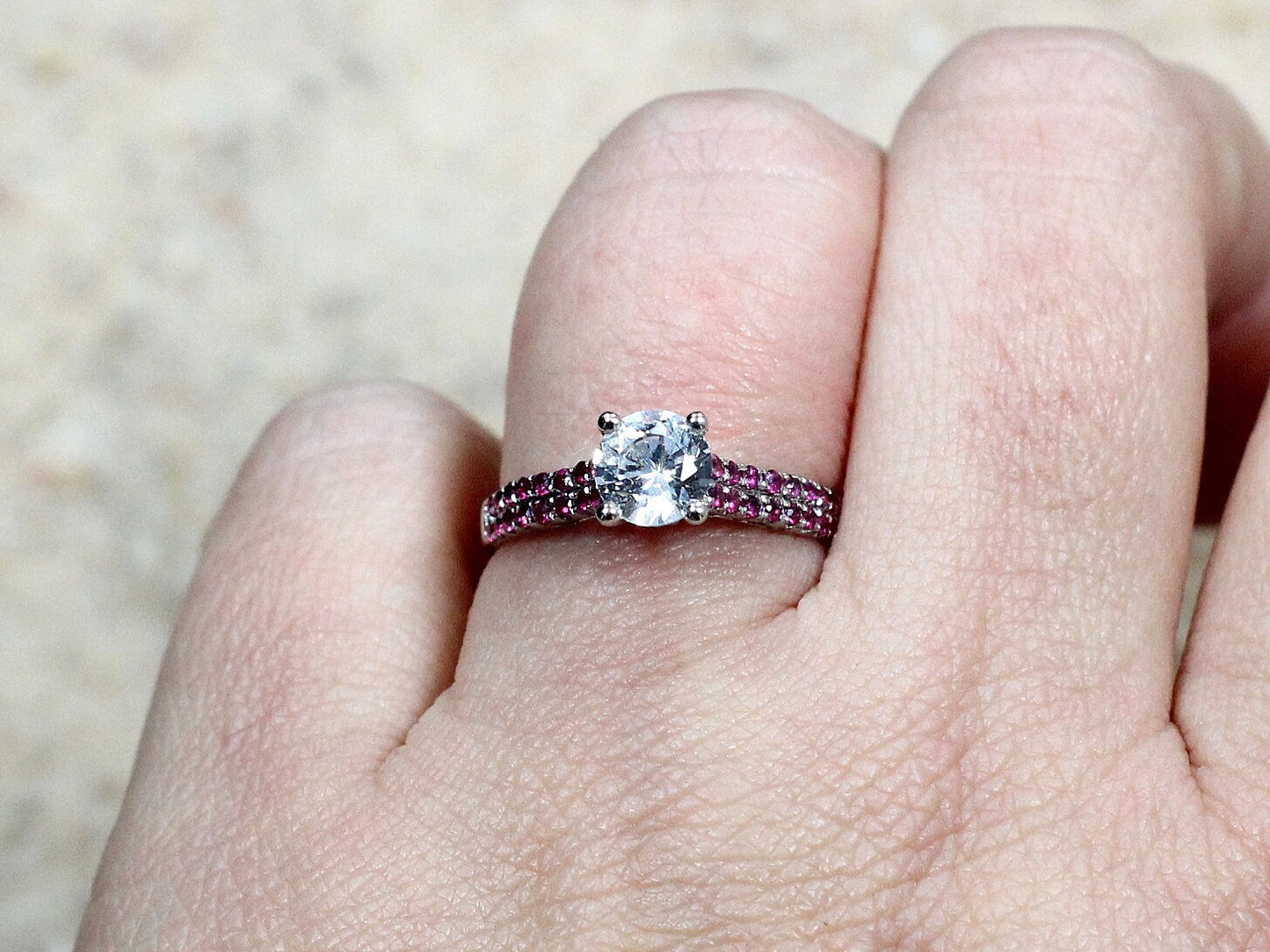 Moissanite Engagement Ring, Ruby double rows ring, round swirl gallery ring, diamond alternative ring, Artemis, 1ct, 6mm BellaMoreDesign.com