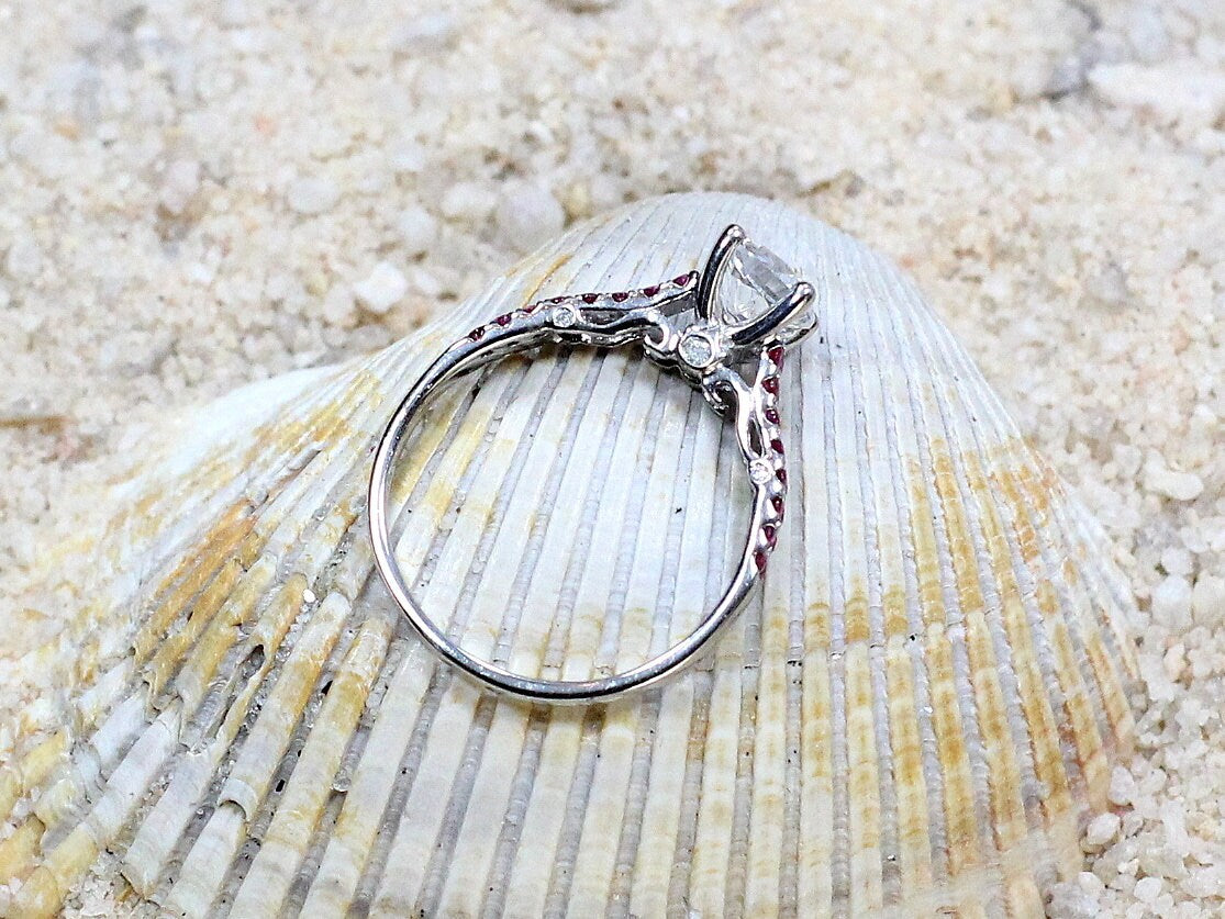 Moissanite Engagement Ring, Ruby double rows ring, round swirl gallery ring, diamond alternative ring, Artemis, 1ct, 6mm BellaMoreDesign.com