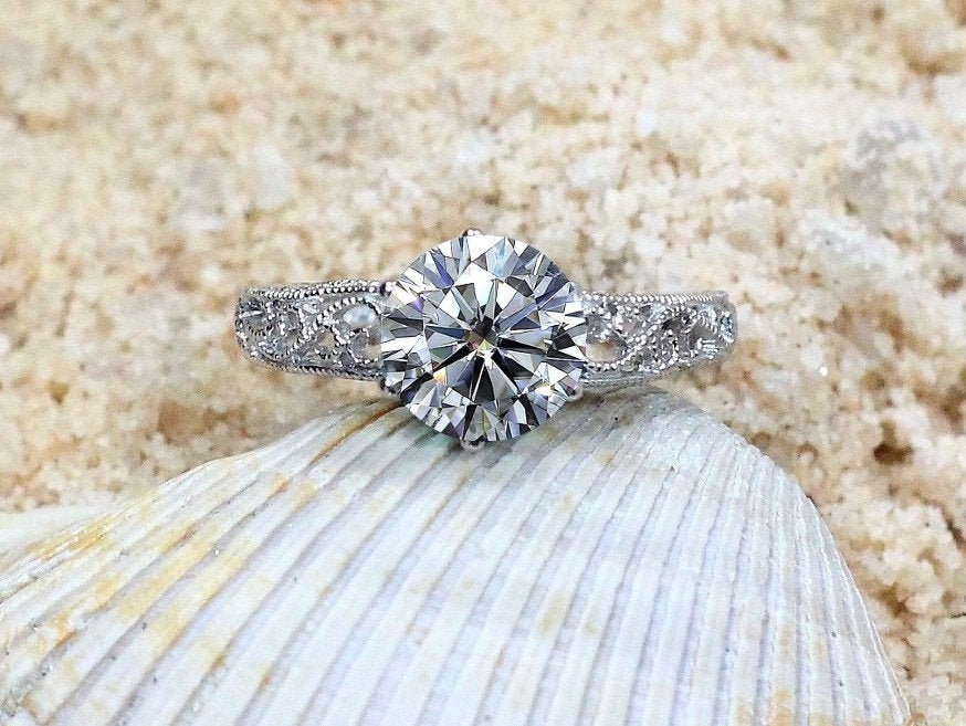 Moissanite Engagement Ring, Simulated Diamond, Filigree Ring,Polymnia,Milgrain Ring,2ct Ring,Ring,White-Yellow-Rose Gold-10k-14k-18k-Plt BellaMoreDesign.com
