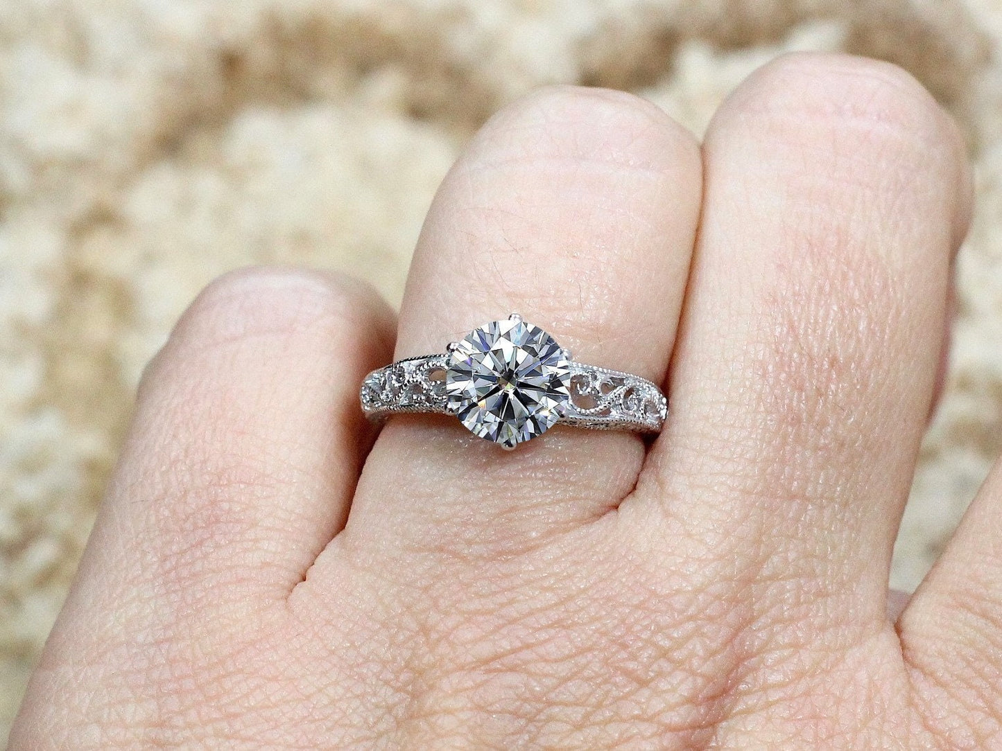 Moissanite Engagement Ring, Simulated Diamond, Filigree Ring,Polymnia,Milgrain Ring,2ct Ring,Ring,White-Yellow-Rose Gold-10k-14k-18k-Plt BellaMoreDesign.com