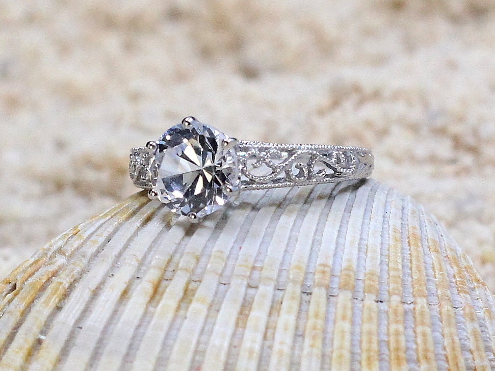 Moissanite Engagement Ring, Simulated Diamond, Filigree Ring,Polymnia,Milgrain Ring,2ct Ring,Ring,White-Yellow-Rose Gold-10k-14k-18k-Plt BellaMoreDesign.com