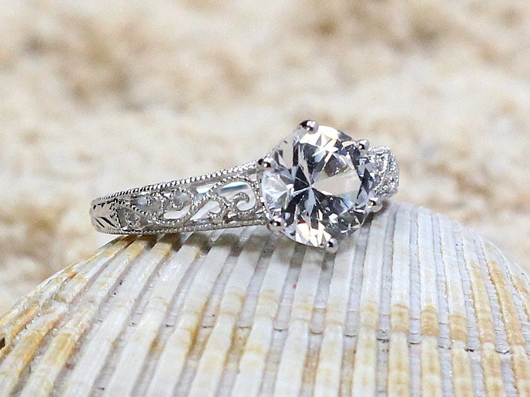 Moissanite Engagement Ring, Simulated Diamond, Filigree Ring,Polymnia,Milgrain Ring,2ct Ring,Ring,White-Yellow-Rose Gold-10k-14k-18k-Plt BellaMoreDesign.com