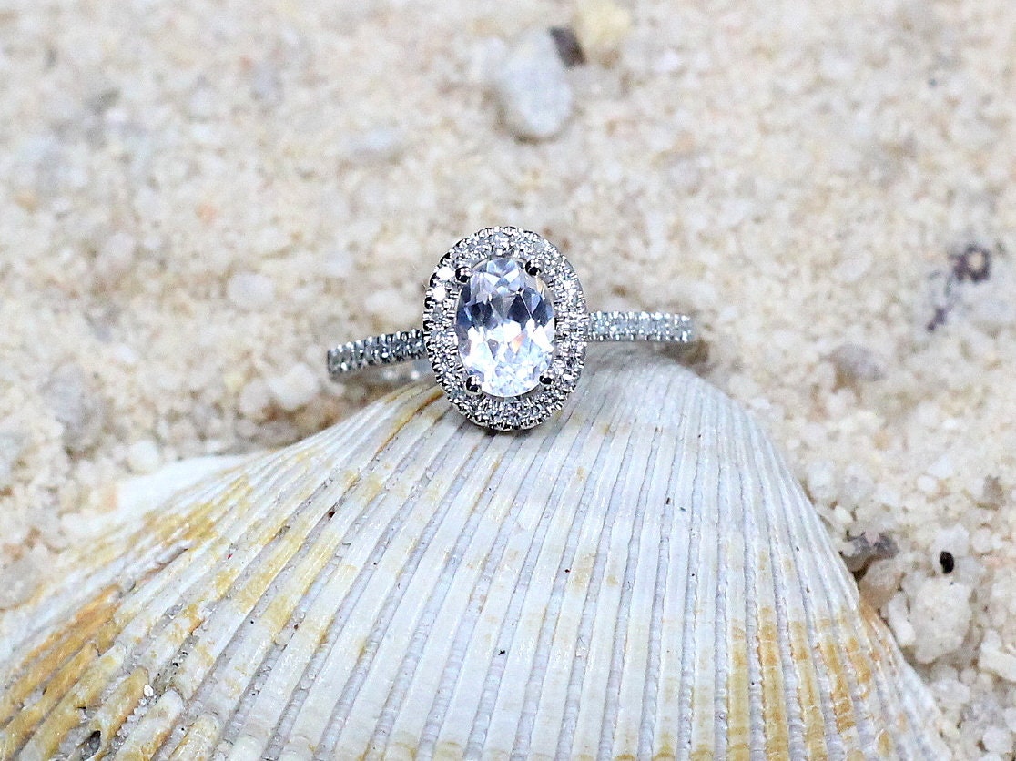 Moissanite Engagement Ring, Simulated Diamond ring, Oval Halo moissanite ring, Ovale, 1ct, 7x5mm, Statement Ring, Promise ring, bridal ring BellaMoreDesign.com