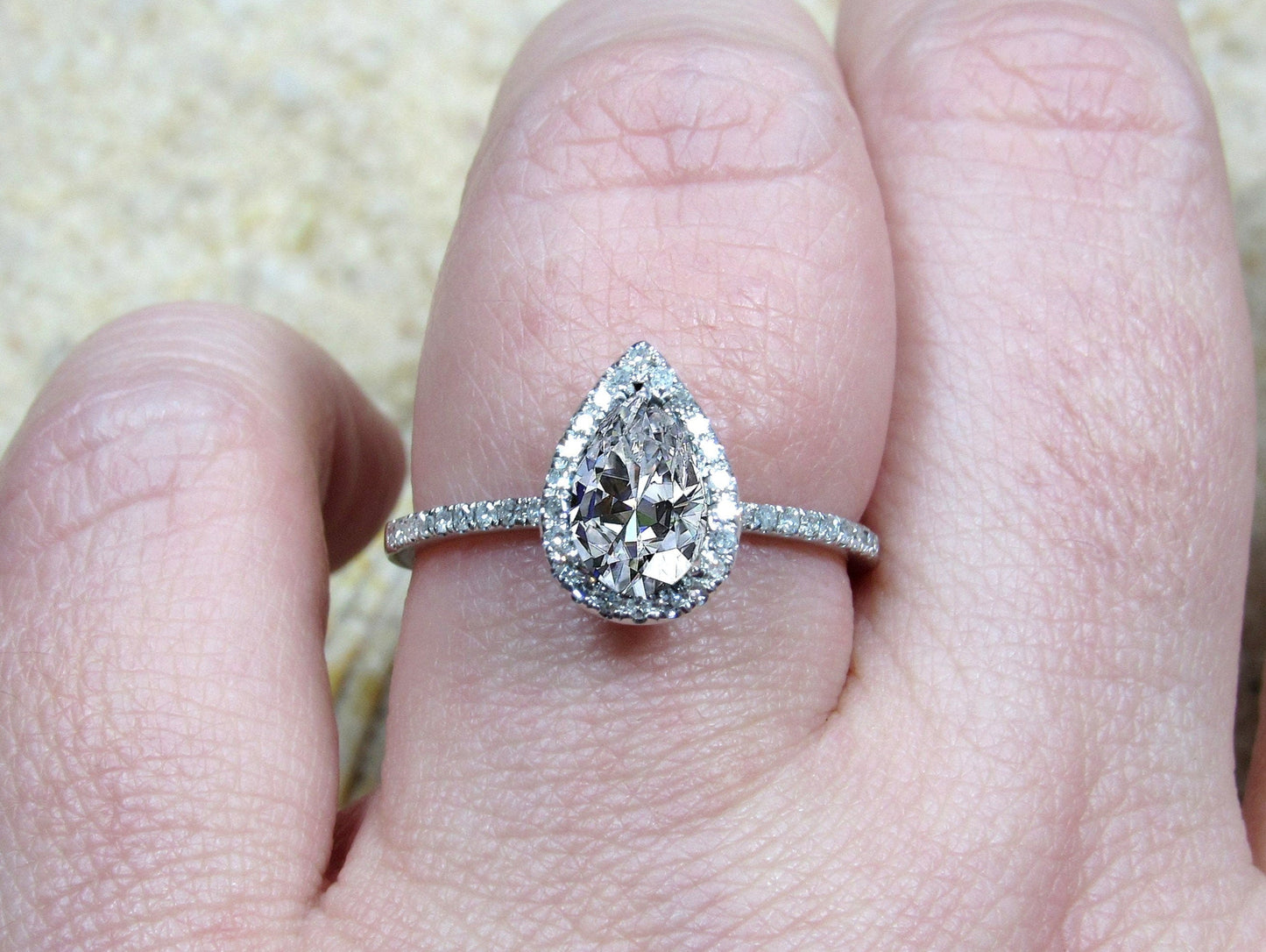 Moissanite Engagement Ring, moissanite Diamond Pear Halo ring, Helena 1ct 7x5mm Custom Size White-Yellow-Rose Gold-10k-14k-18k-Platinum BellaMoreDesign.com