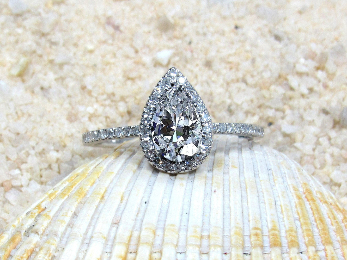 Moissanite Engagement Ring, moissanite Diamond Pear Halo ring, Helena 1ct 7x5mm Custom Size White-Yellow-Rose Gold-10k-14k-18k-Platinum BellaMoreDesign.com