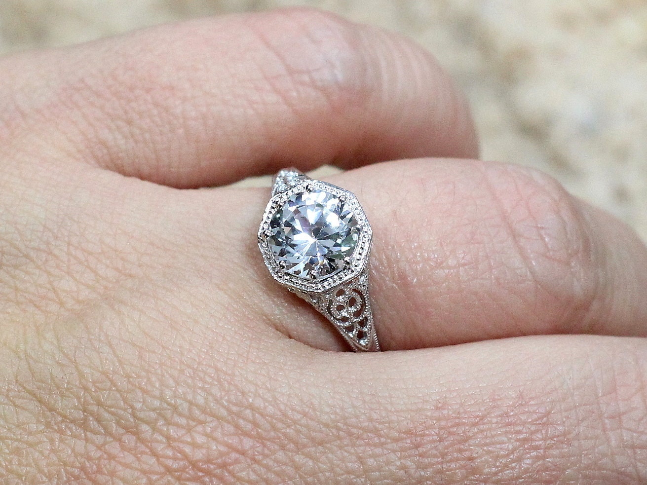 Moissanite Vintage Engagement Ring Fides Filigree Miligrain Antique Round 2ct 8mm Custom White-Yellow-Rose gold 10k-14k-18k-platinum BellaMoreDesign.com