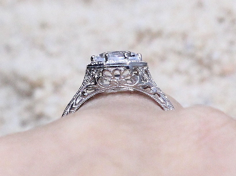 Moissanite Vintage Engagement Ring Fides Filigree Miligrain Antique Round 2ct 8mm Custom White-Yellow-Rose gold 10k-14k-18k-platinum BellaMoreDesign.com