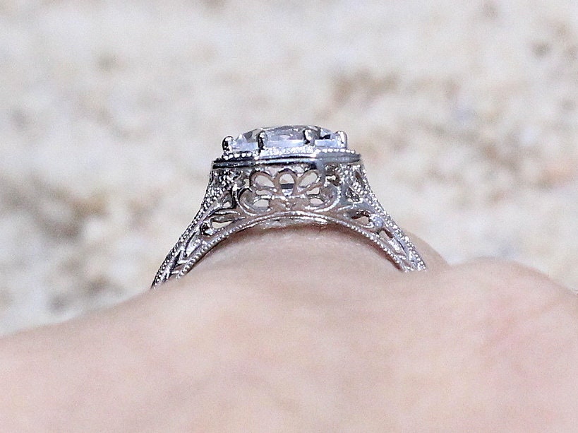 Moissanite Vintage Engagement Ring Fides Filigree Miligrain Antique Round 2ct 8mm Custom White-Yellow-Rose gold 10k-14k-18k-platinum BellaMoreDesign.com