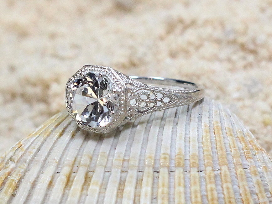 Moissanite Vintage Engagement Ring Fides Filigree Miligrain Antique Round 2ct 8mm Custom White-Yellow-Rose gold 10k-14k-18k-platinum BellaMoreDesign.com