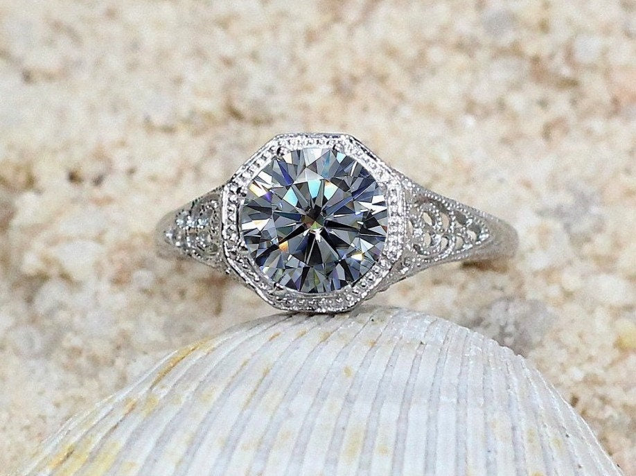 Vintage Filigree good Moissanite Ring, 1.9 Ct Colorless Moissanite Ring, 14K White Gold, Royal Antique Style Wedding Ring, Art Deco Ring, Vintage