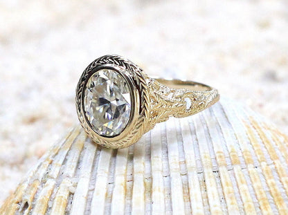 Moissanite Vintage Engagement Ring Oval Antique Style Bezel Set Chevron Filigree Kore 2.1ct 9x7mm White-Yellow-Rose Gold-10k-14k-18k-Plt BellaMoreDesign.com