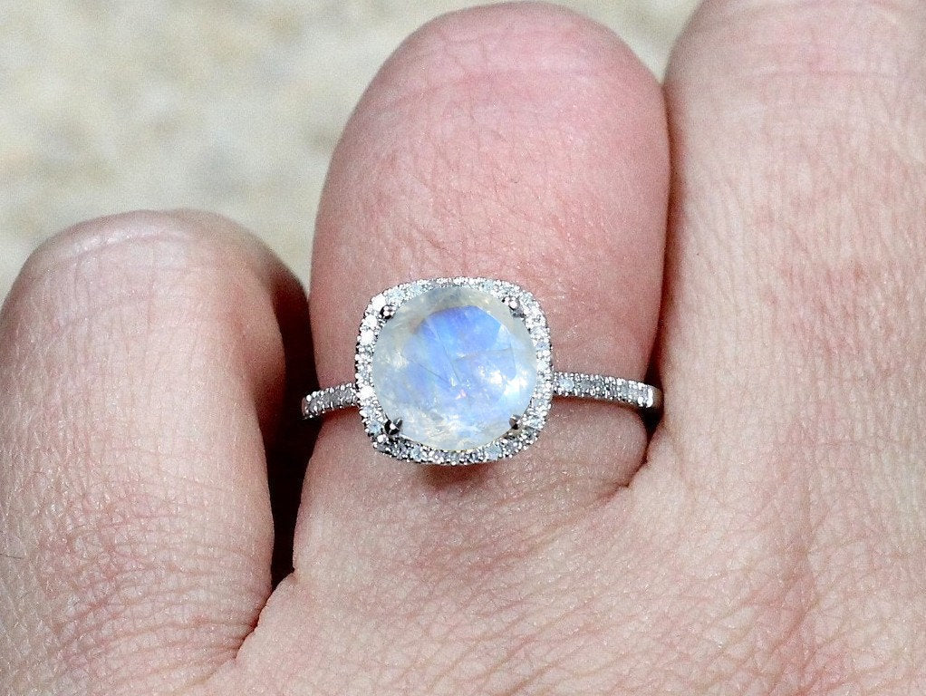 Moonstone & Diamonds Engagement Ring Cushion Halo Cuscino Grand 2ct 8mm Custom Size White Yellow Rose Gold 10k 14k 18k Platinum BellaMoreDesign.com