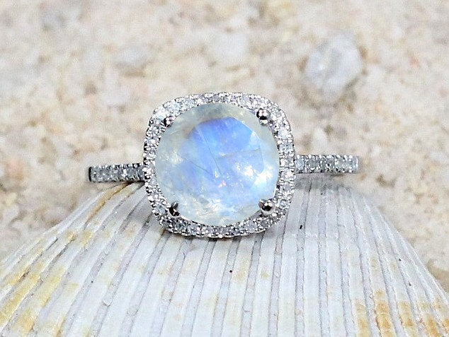 Moonstone & Diamonds Engagement Ring Cushion Halo Cuscino Grand 2ct 8mm Custom Size White Yellow Rose Gold 10k 14k 18k Platinum BellaMoreDesign.com