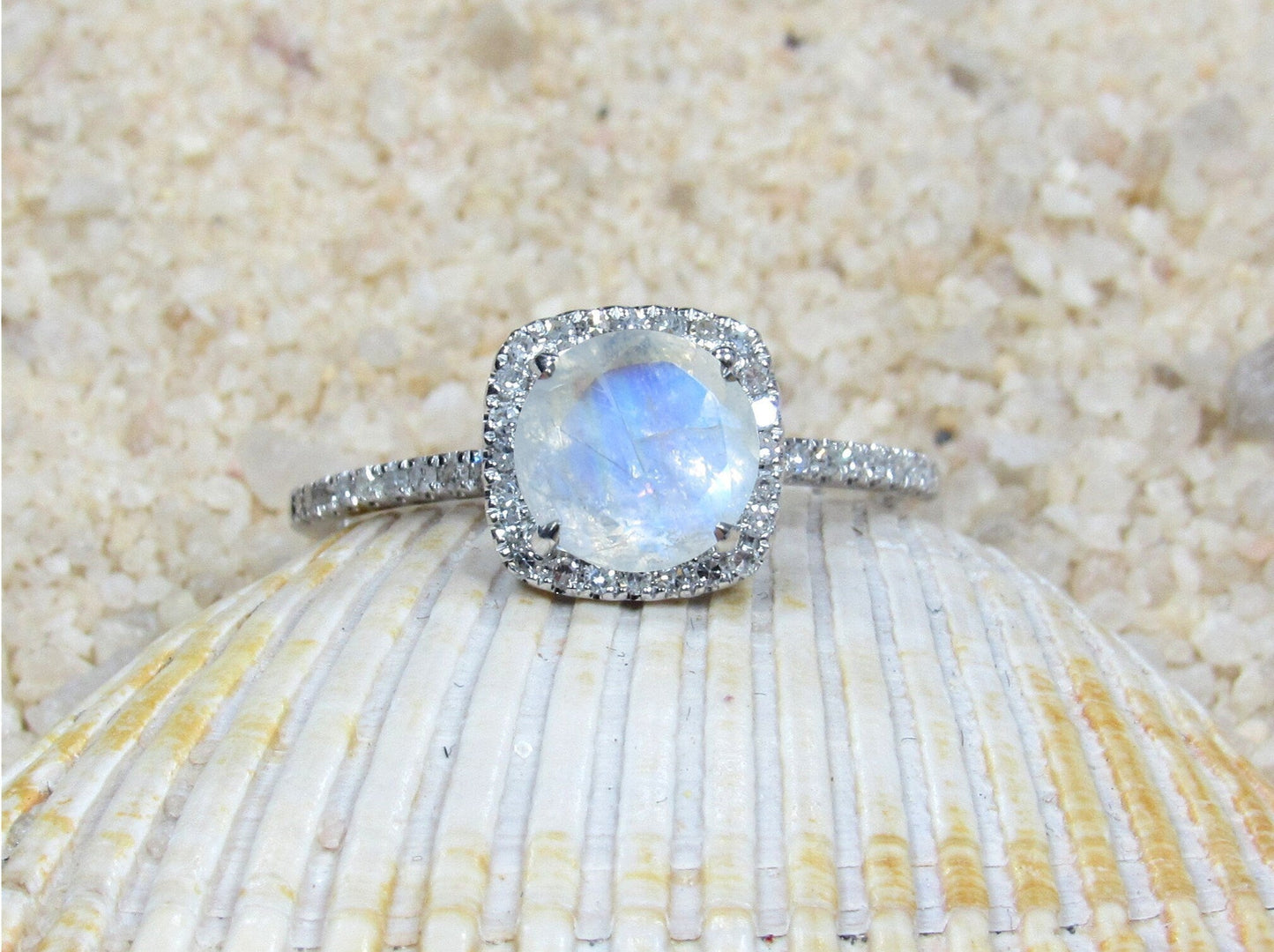Moonstone & Diamonds Engagement Ring Cushion Halo Cuscino Petite Round cut 1ct 6mm Custom White-Yellow-Rose Gold-10k-14k-18k-Platinum BellaMoreDesign.com