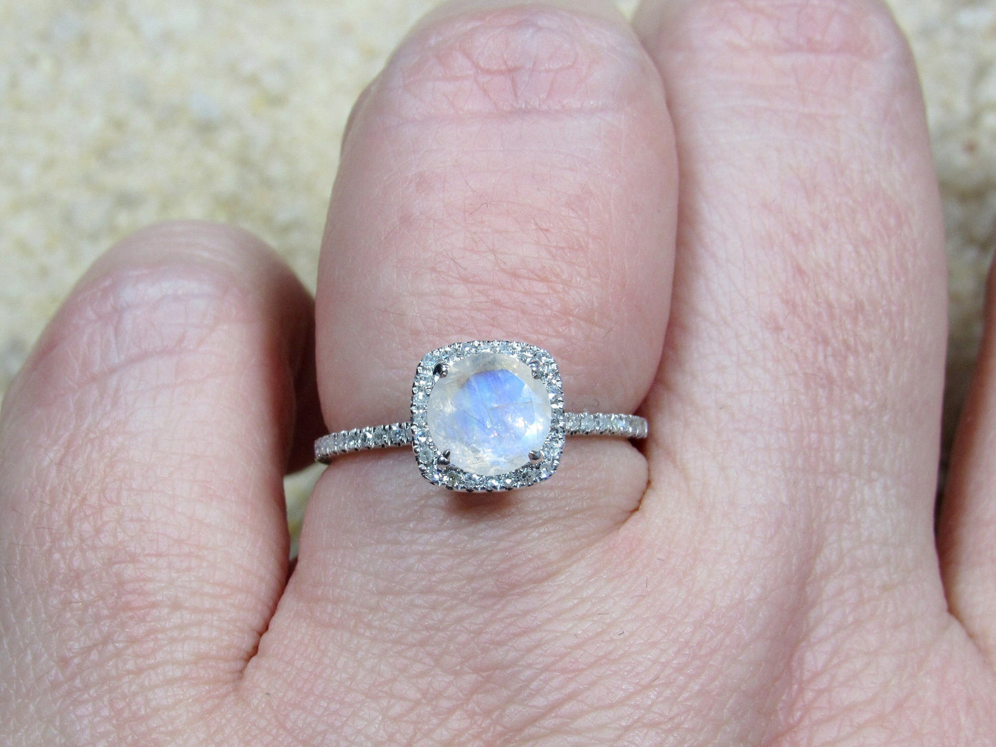 Moonstone & Diamonds Engagement Ring Cushion Halo Cuscino Petite Round cut 1ct 6mm Custom White-Yellow-Rose Gold-10k-14k-18k-Platinum BellaMoreDesign.com