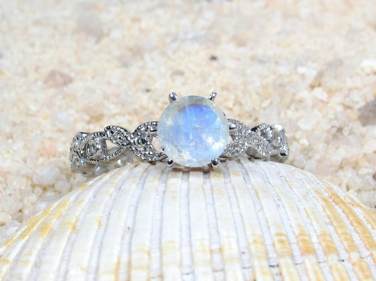 Moonstone & Diamonds Engagement Ring Leaf Milgrain Beaded Edge Round Gaia 1ct 6mm Custom White-Yellow-Rose Gold-10k-14k-18k-Platinum BellaMoreDesign.com