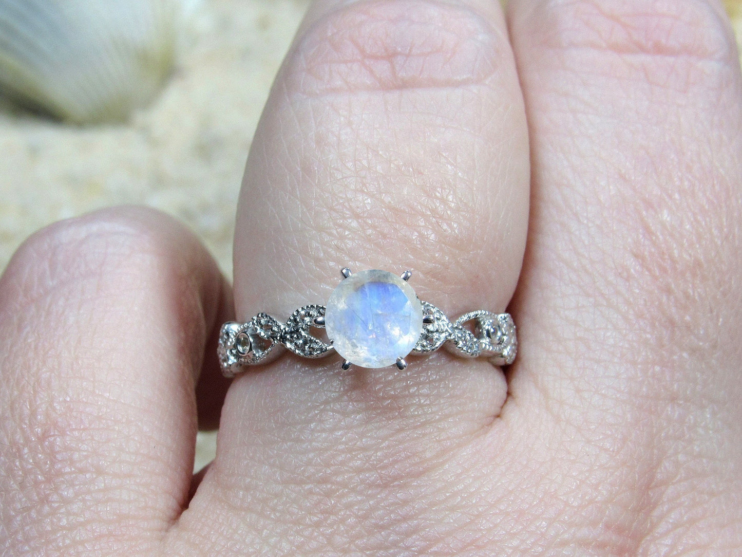 Moonstone & Diamonds Engagement Ring Leaf Milgrain Beaded Edge Round Gaia 1ct 6mm Custom White-Yellow-Rose Gold-10k-14k-18k-Platinum BellaMoreDesign.com