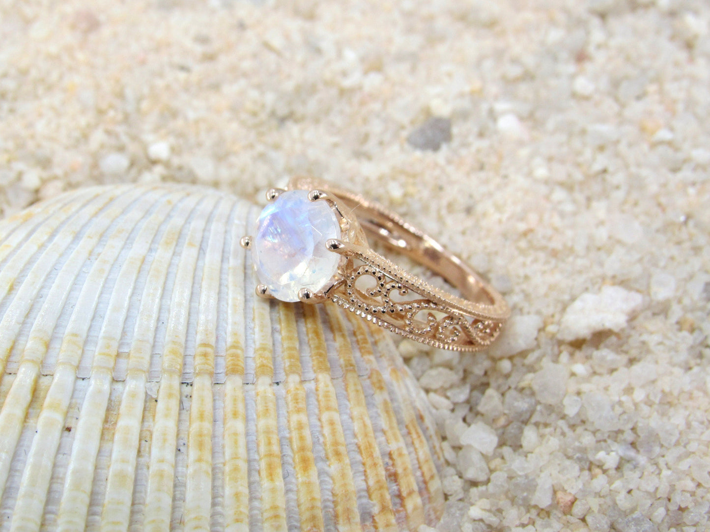 Moonstone Engagement Ring Antique Style Polymnia MIlgrain Filigree Round Vintage 2ct 8mm Custom White-Yellow-Rose Gold-10k-14k-18k-Plt BellaMoreDesign.com