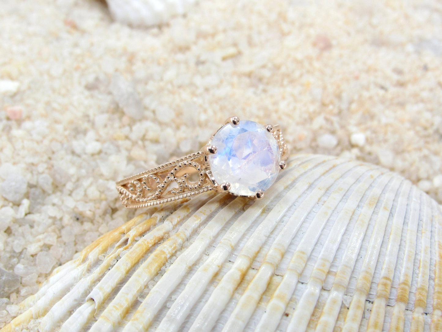 Moonstone Engagement Ring Antique Style Polymnia MIlgrain Filigree Round Vintage 2ct 8mm Custom White-Yellow-Rose Gold-10k-14k-18k-Plt BellaMoreDesign.com