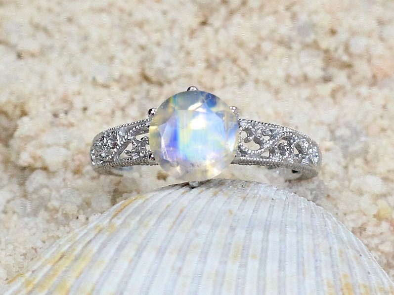 Moonstone Engagement Ring Antique Style Polymnia MIlgrain Filigree Round Vintage 2ct 8mm Custom White-Yellow-Rose Gold-10k-14k-18k-Plt BellaMoreDesign.com
