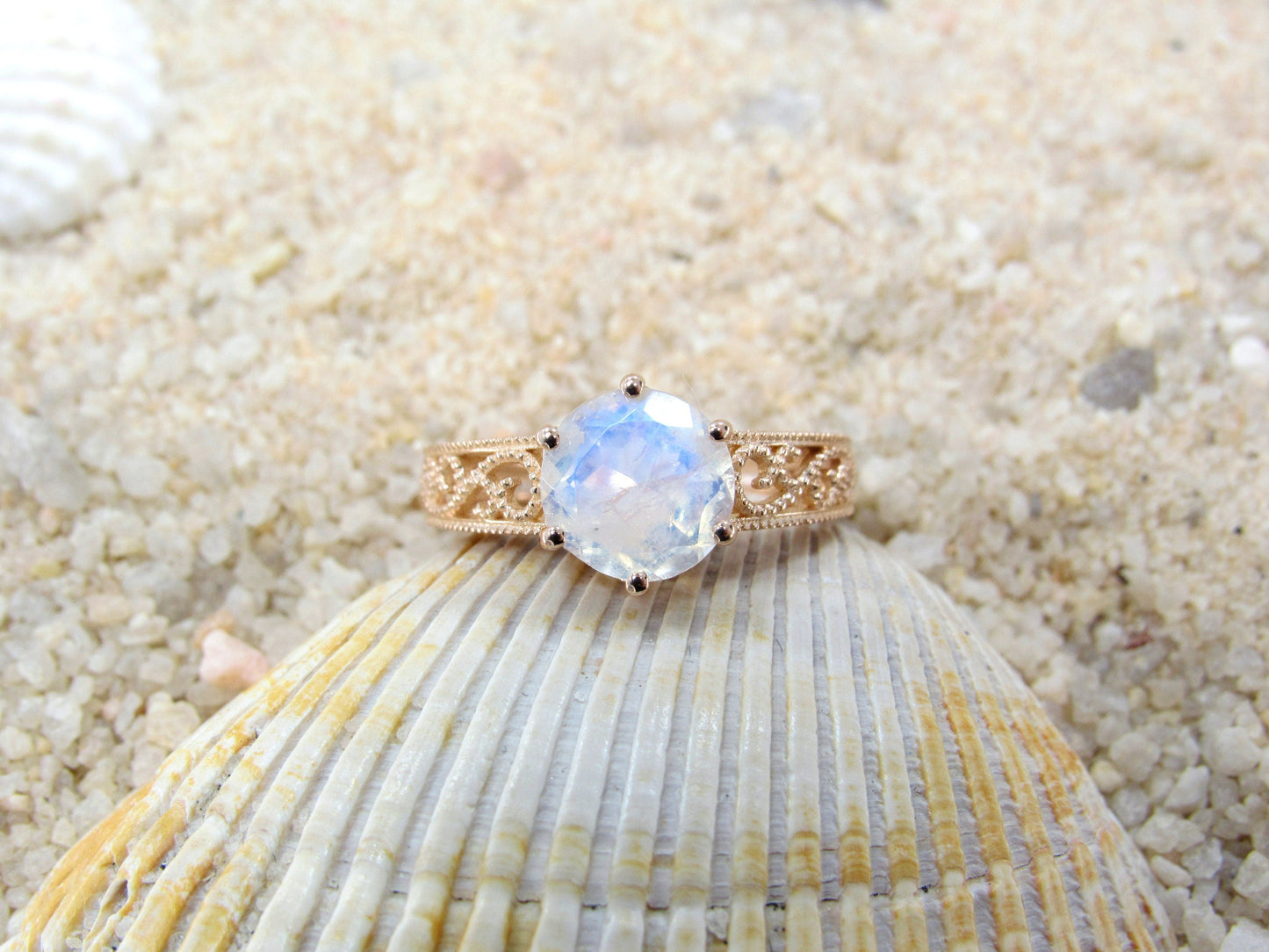 Moonstone Engagement Ring Antique Style Polymnia MIlgrain Filigree Round Vintage 2ct 8mm Custom White-Yellow-Rose Gold-10k-14k-18k-Plt BellaMoreDesign.com
