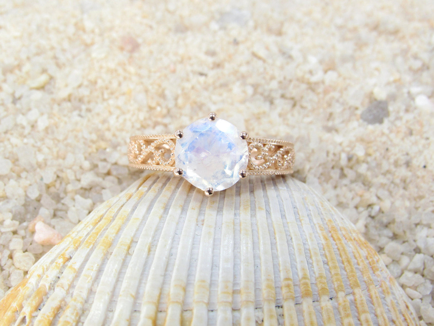 Moonstone Engagement Ring Antique Style Polymnia MIlgrain Filigree Round Vintage 2ct 8mm Custom White-Yellow-Rose Gold-10k-14k-18k-Plt BellaMoreDesign.com