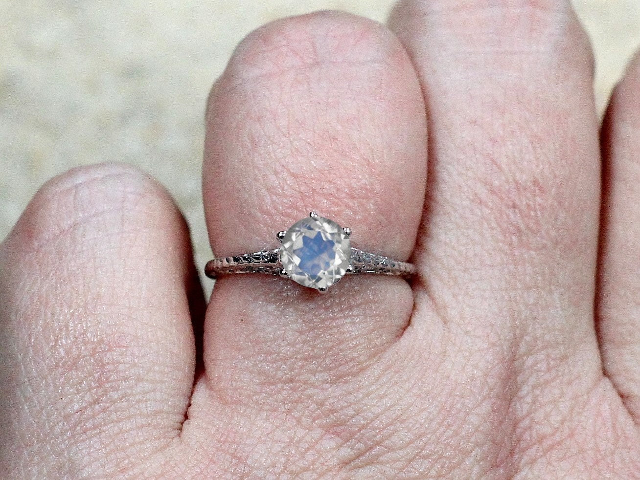 Moonstone Engagement Ring Rhemba Antique Filigree 1ct 6mm Custom Size White-Yellow-Rose Gold-10k-14k-18k-Platinum BellaMoreDesign.com