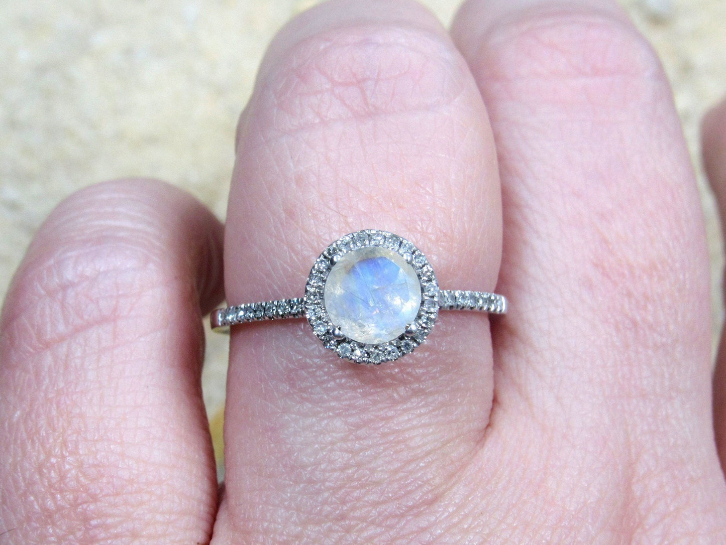 Moonstone Engagement Ring, Round Diamonds Halo Ring, Moon stone Ring, Pricus, 1ct Ring,White Gold-Yellow Gold-Rose Gold Ring, 6mm BellaMoreDesign.com