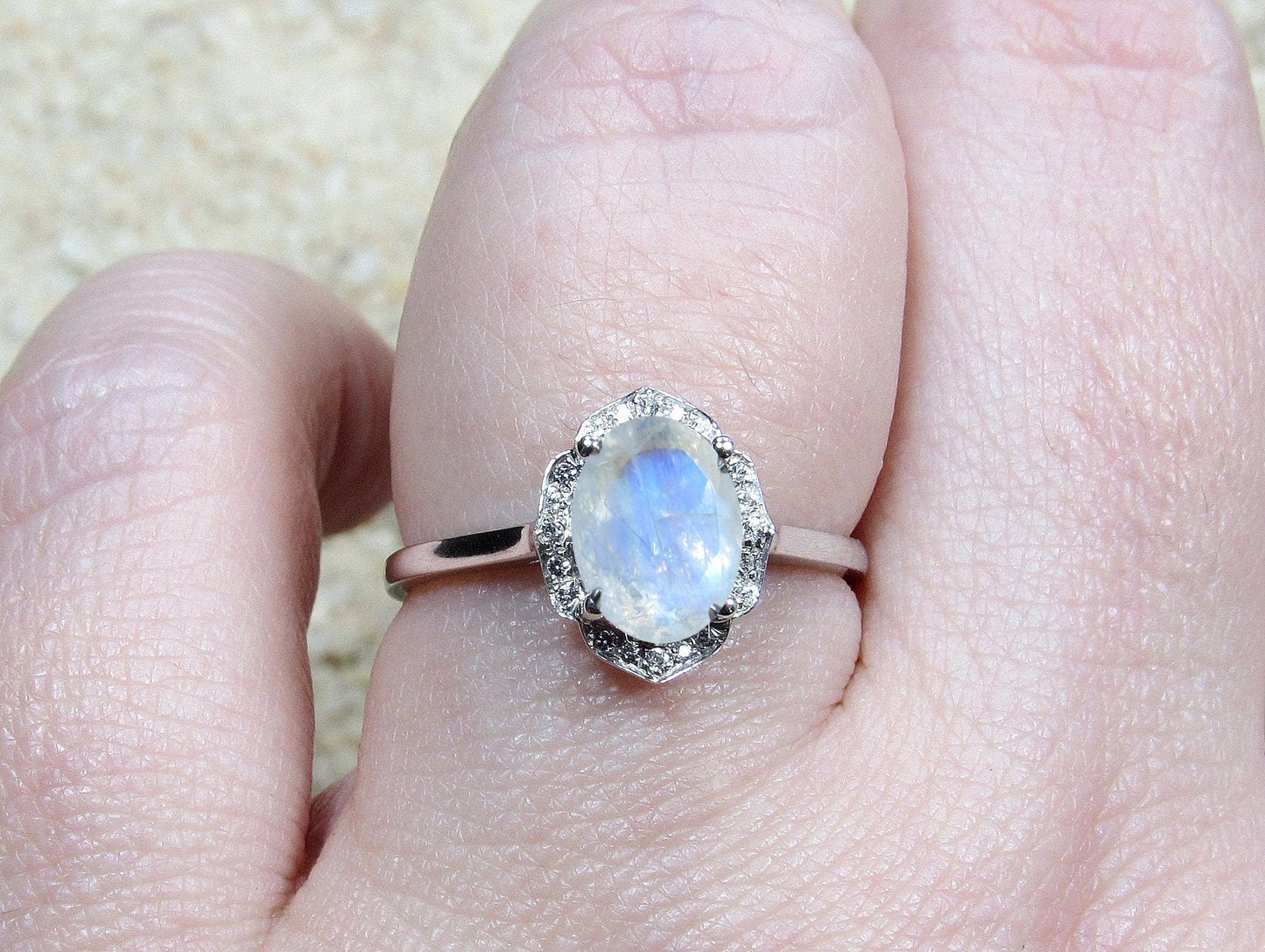 Moonstone Oval Engagement Ring, Floral Ring, Sospita, 2ct Ring, White-Yellow-Rose Gold-10k-14k-18k-Platinum, 8x6mm Oval BellaMoreDesign.com