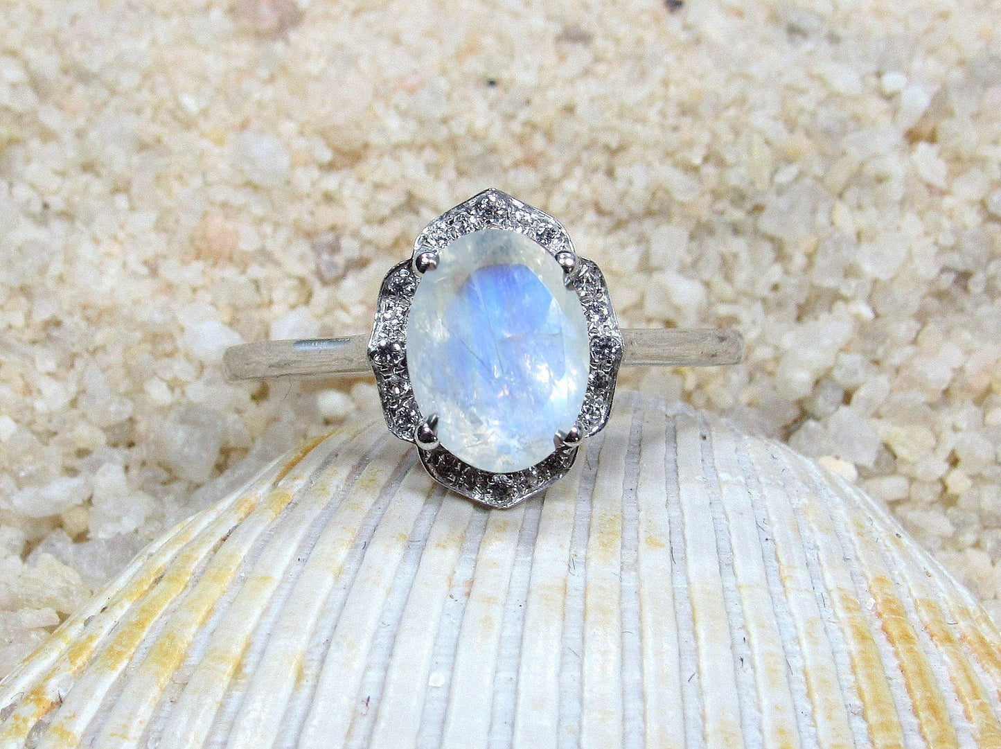 Moonstone Oval Engagement Ring, Floral Ring, Sospita, 2ct Ring, White-Yellow-Rose Gold-10k-14k-18k-Platinum, 8x6mm Oval BellaMoreDesign.com