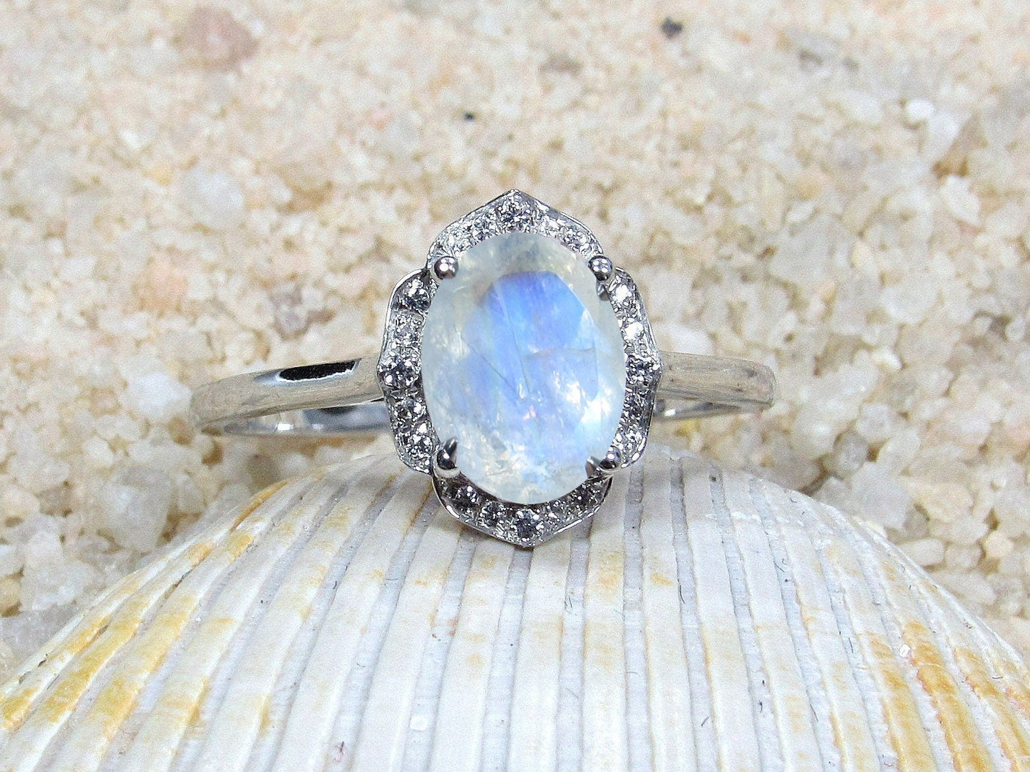 Moonstone Oval Engagement Ring, Floral Ring, Sospita, 2ct Ring, White-Yellow-Rose Gold-10k-14k-18k-Platinum, 8x6mm Oval BellaMoreDesign.com