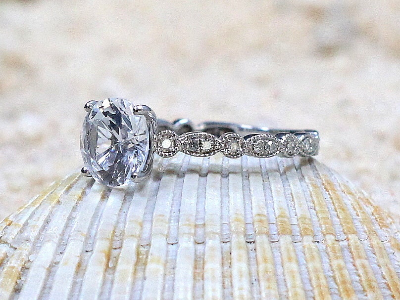 Peach Sapphire & Diamonds Engagement Ring Almost Eternity Bezel Leaf Round cut Aeolus 2ct 8mm Custom White-Yellow-Rose Gold-10k-14k-18k-Plat BellaMoreDesign.com